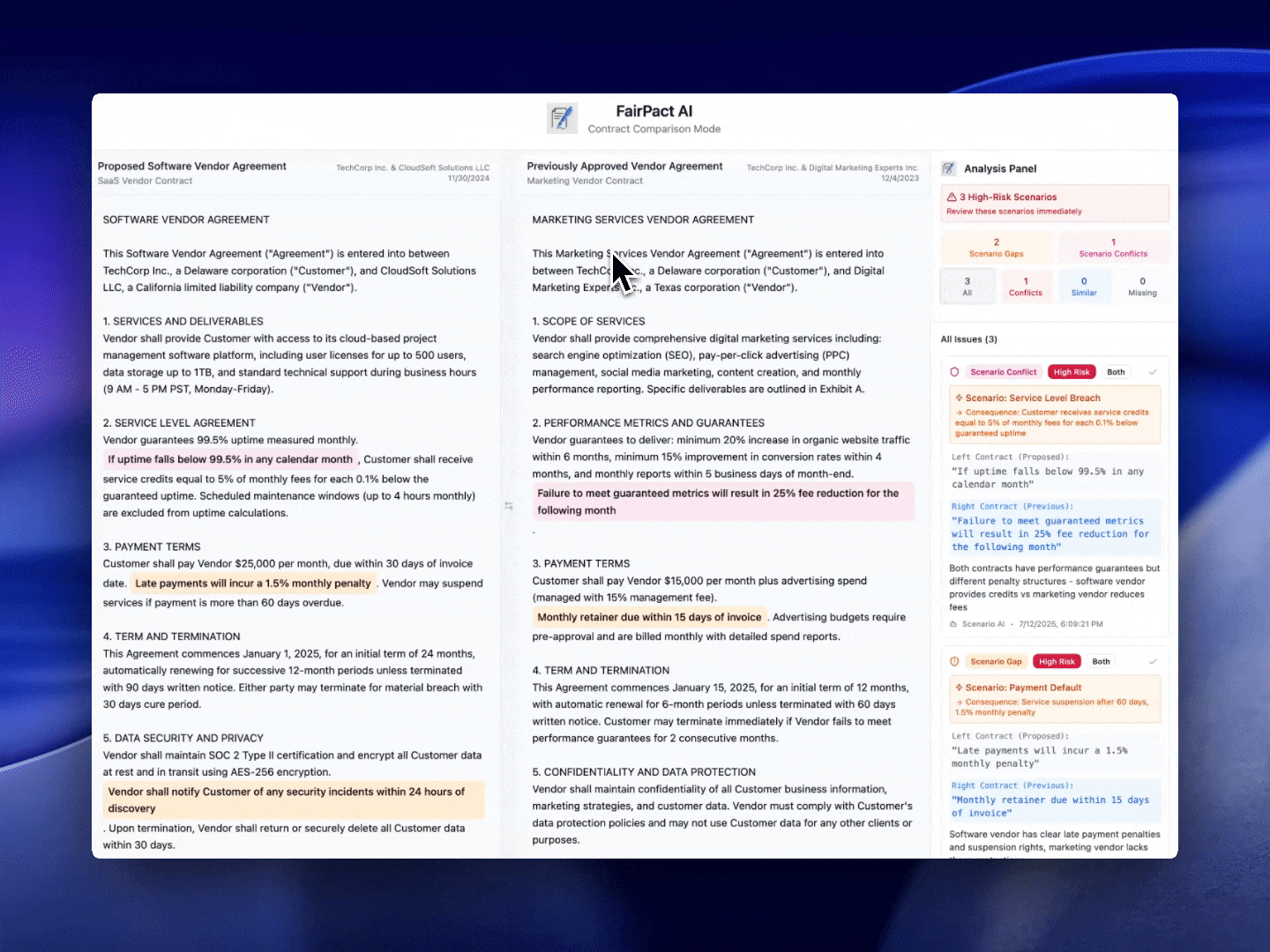 FairPact AI tool interface showing policy comparison
